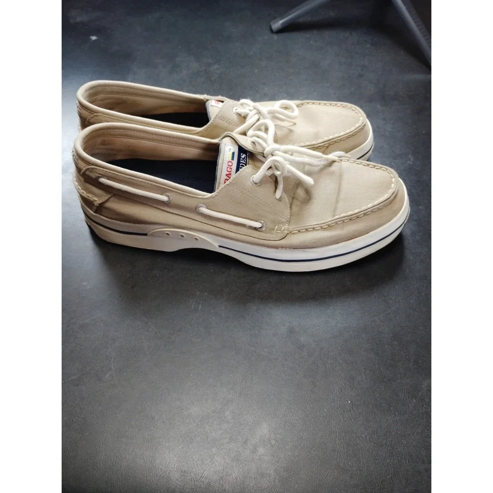 Sebago Docksides Men 13 Beige Canvas Boat Shoes Casual Slip On Loafers Preppy